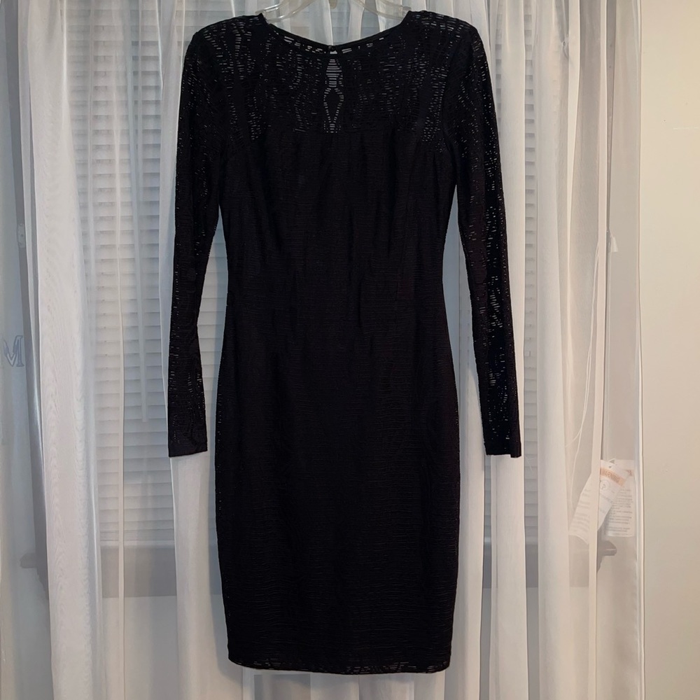 Black Long Sleeved Sheath Dress with illusion sleeves